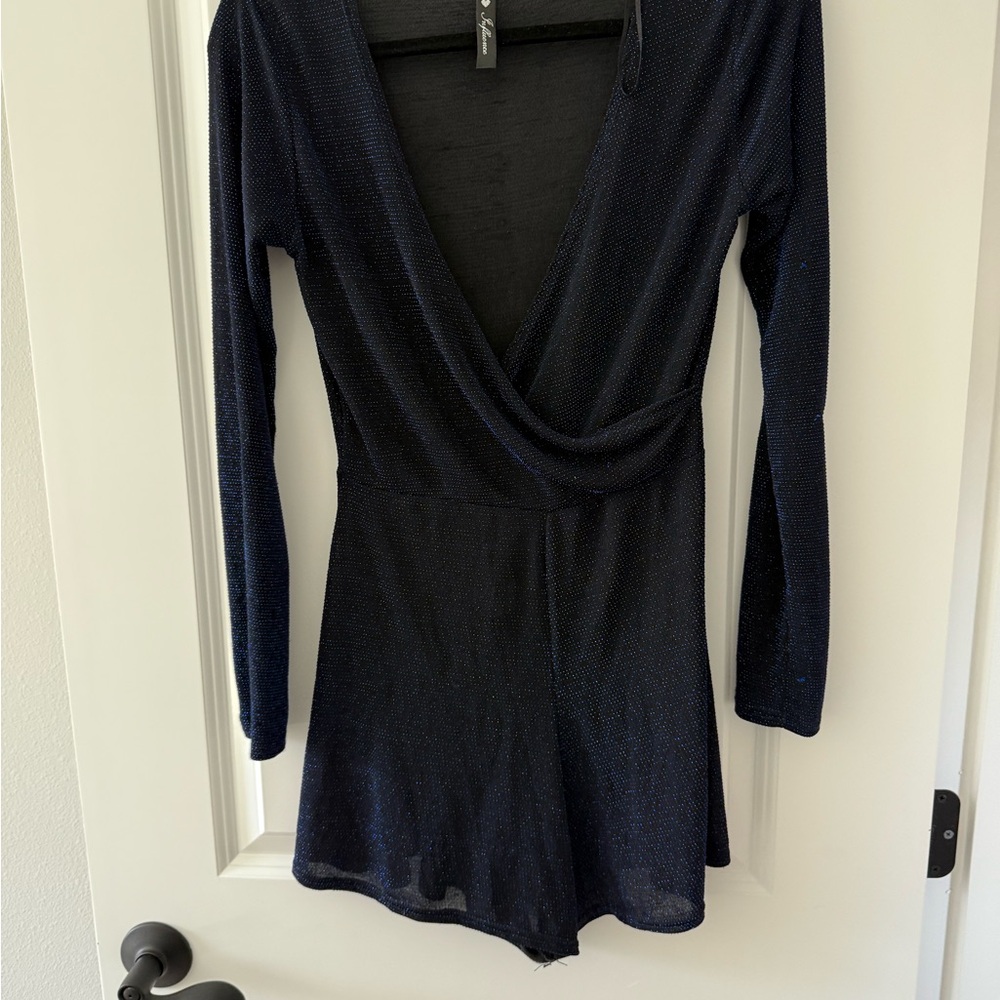 Glittery Navy Long Sleeve Deep V-Neck Faux Wrap Bodice Women's Short Romper
